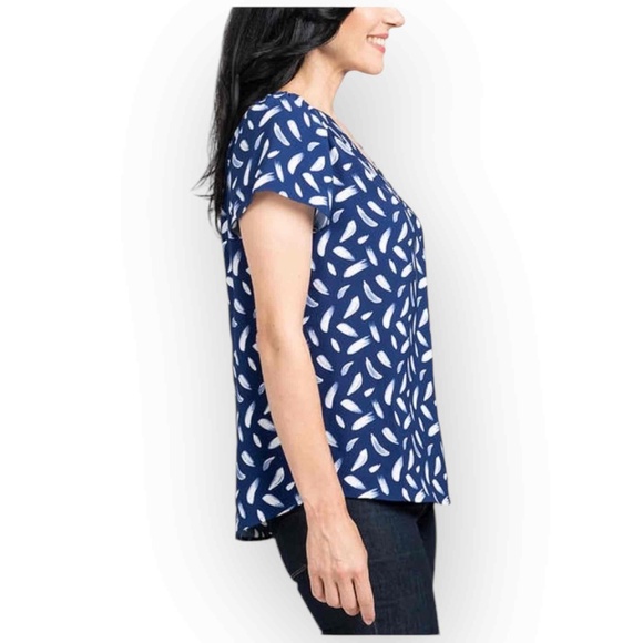 Hilary Radley Ladies V-Neck Blouse, Dark Blue (Deep Indigo/Off-White) 1133S - Picture 2 of 6